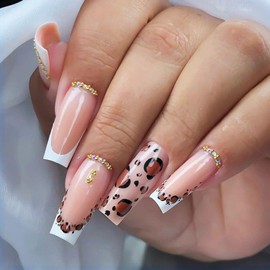 24Pcs French Tip Press on Nails Medium Length Fake Nails Elegant Glue on Nails with Leopard Print Designs Sparkly Rhinestones Acrylic Nails Full Cover False Artificial Nails for Women Girls