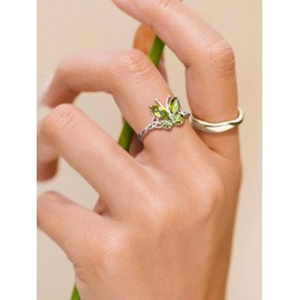 Butterfly Ring Adjustable Sterling Silver Celtic Knot Band Ring Sparkling CZ Peridot Rings for Women Statement Animal Ring Adjustable