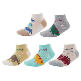 CHUNG Boys Cotton Ankle Socks 5/10 Pack Low Cut Dinosaur Mesh 2-9Y Light Weight Back School Running Sports Casual, 5pk Dino C, 2-4 Years