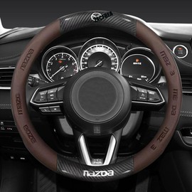 ZXCFBEA Compitable with Maxda Steering Wheel Cover,Stylish Nappa Leather Carbon Fiber Texture Protector,Non-Slip,Universal 15inch Compatible Accessories (New Cover-maz-Brown)