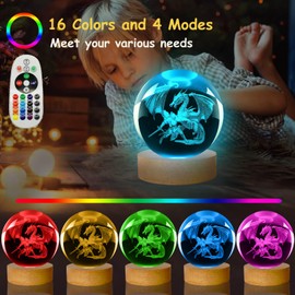 LINSINA Dragon Lamp, 3.15in 16 Colors Crystal Ball Night Light with Wooden Base and Remote Control, Birthday Gift for Women Men Kids (Dragon and Knight)