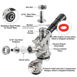 MRbrew Keg Coupler, Commercial Sankey Kegerator D System Keg Tap Stainless Probe Brass Body Beer Tap Dispenser for I.D 5/16'' Brewing Beer Line Gas Tubing with Check Valve Sealing Washer Hose Clamp