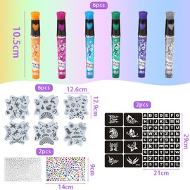 Children's Tattoo Pens, Pack of 6 Glitter Tattoo Pens for the Skin Set, Glitter Tattoo Set Children with Stencils and Face Gemstone, for Boys and Girls Party Fancy Dress, School Cone Filling