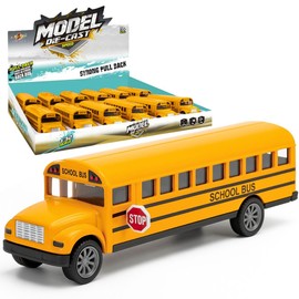 12 Pack: Diecast Yellow School Bus Model Toy, 5" Pullback Die Cast Metal Classic Long Nose Vehicles for Kids with Rubber Tires and Opening Doors - Bulk Party Favors, Supplies