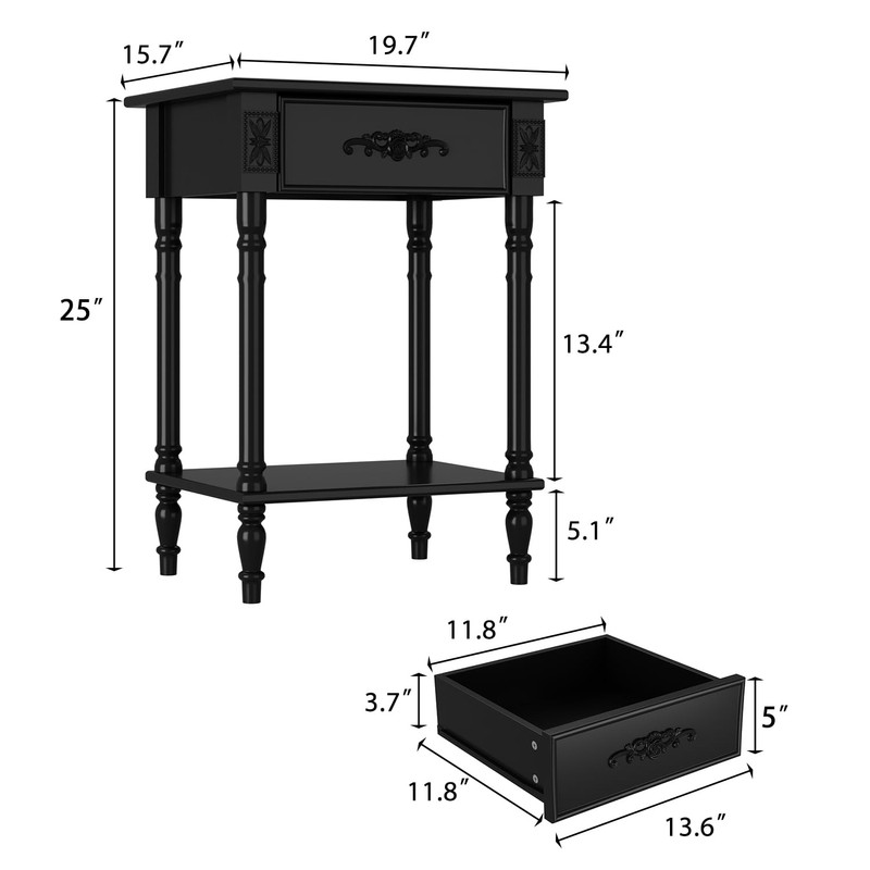 WOODTIME Vintage Nightstand with Storage Drawer and Open Shelf, Carved