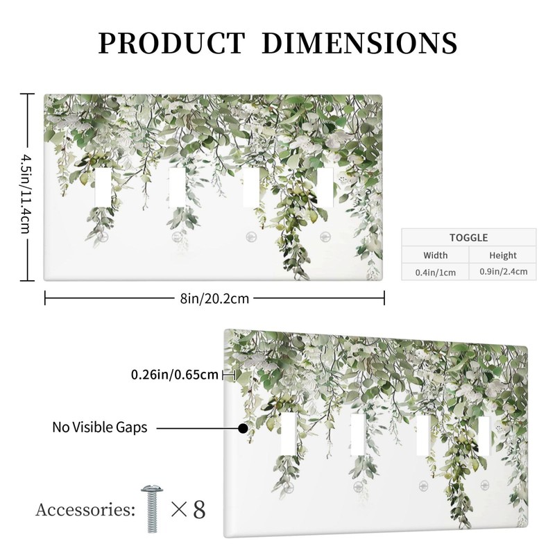 Tewujay Light Switch Cover Green Eucalyptus Leaves 4 Gang Switch
