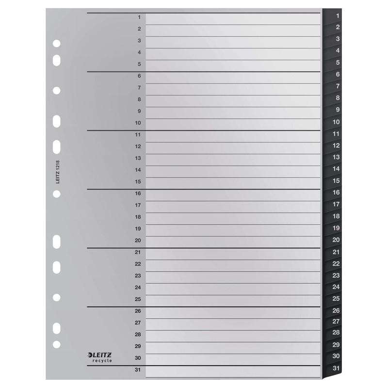 Leitz Register mit 31 Taben, 1-31, Extrabreit, Umweltfreundlich, CO2-kompensiert, Recycle-Serie,