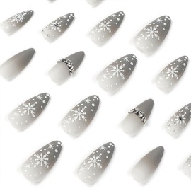 Christmas Press on Nails Medium Almond Fake Nails Snowflake False Nails Grey Ombre Matte Acrylic Glue on Nails Bling Rhinestones Stick on Nails for Women Winter Xmas Manicure Decorations 24 Pcs