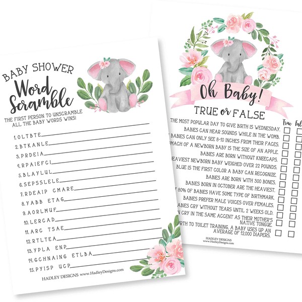 Pink Elephant Baby Shower Games For Girls - 2 Games Double Sided, 25 Word Scramble For Baby Shower Ideas, 25 True Or False Baby Shower Game, Fun Baby Shower Games, Baby Shower Party Supplies