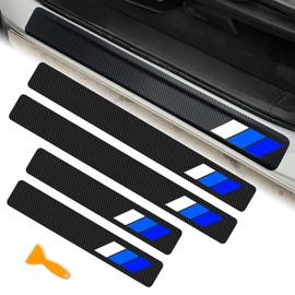 Tricolor Door Sill Protectors for Toyota Tacoma TRD 4Runner Tundra Rav4 Highlander Accessories, Carbon Fiber Door Sill Plate Guard, Retro Stripe Door Sill Stickers(White/Blue/Dark Blue)
