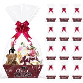 12 Sets Graduation Gift Basket Decorations 2025, Congrats Grad Party Favor Gift Basket with Cellophane Bags, Cardboard Baskets Empty to Fill with Bows Ribbons for Graduation Party Supplies, Maroon