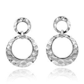 Glamour Hammered Double Circles .925 Sterling Silver Stud Earrings, Metal, No Gemstone