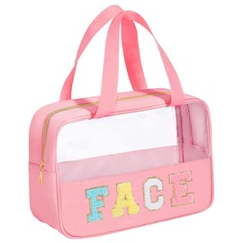 Pilipane Chenille Letter Clear Zipper Flat Pouch, Transparent Waterproof Stuff Cosmetic Bags,Cosmetic Toiletry Storage Bag with Zipper Toiletry Bag with Preppy Patch for Women, Travel, Gym, Beach