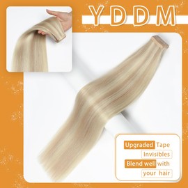 20pcs Tape in Hair Extensions Human Hair, 14 Inch Ash Blonde Highlighted Platinum Blonde Human Hair Tape in Extensions for Women Invisible Tape in Hair Extensions Human Hair (P18K/60#, 14 Inch)