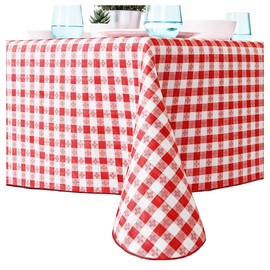 Heavy Duty Waterproof 52x70 Vinyl Tablecloth 1 Pk. Best Wipeable Red Checkered Gingham Table Cloth for Country BBQs Picnics or Card Tables. Great Square Oilproof Table Cover with Flannel Backing.