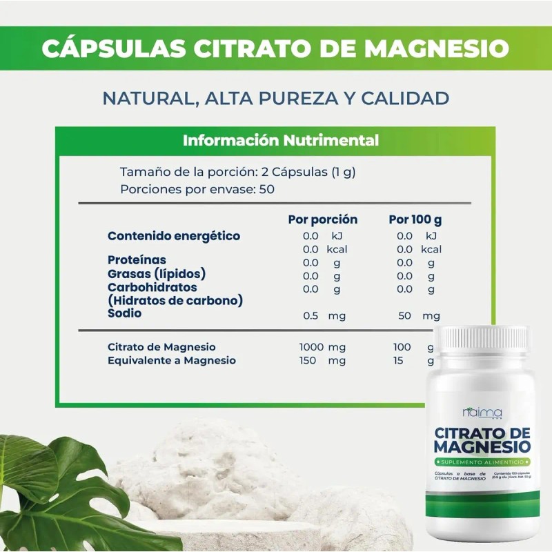 Citrato Magnesio 500mg Naima 60caps Puro Alta Absorción