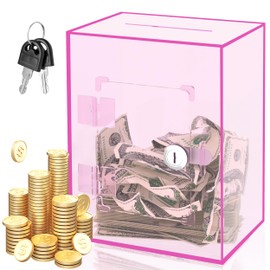 Large Acrylic Clear Piggy Bank, Money Saving Box for Cash Saving with Key, Openable Clear Acrylic Savings Jar for Adults Kid (Pink)