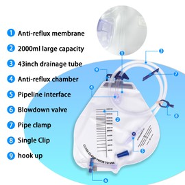 Urine Drainage Bags - 6 PCS 2000ml Individually Wrapped Catheter Bags with 43" Drainage Tube, Anti-Reflux Chamber, Splash-Proof Drain, Clips and Hooks, Professional Urine Bags for Home and Hospitals