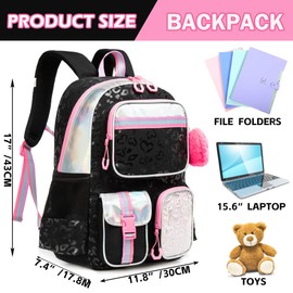 Meetbelify Cute Black School Backpack for Girls Aesthetic Backpacks for Elementary Student Teen Girls School Bag Kids Travel Bookbag for Girls Ages 8-10