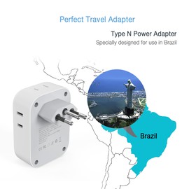 TESSAN Brazil Power Plug Adapter, US to Brazil Outlet Adapter with 4 American Outlets and 3 USB Charging Ports, Type N Travel Adaptor for USA to Brazilian Brasil