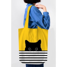 Black Cat Gifts for Cat Lovers - Cat Tote Bag - Cat Lover Gifts for Women - Mothers Day Cat Mom Gifts - Cat Themed Gifts - Reusable Canvas Tote Bag - Birthday Bags for Cat Lady Gifts (Yellow Cat)