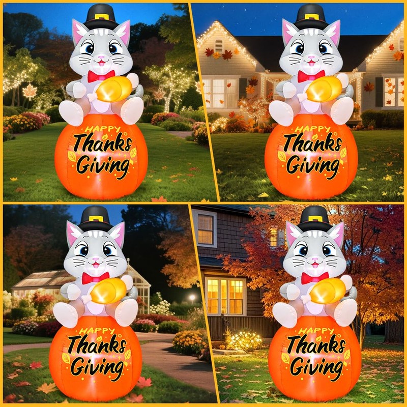 5FT Thanksgiving Inflatables Outdoor Decoration Inflatable Cat Sits on Pumpkin,