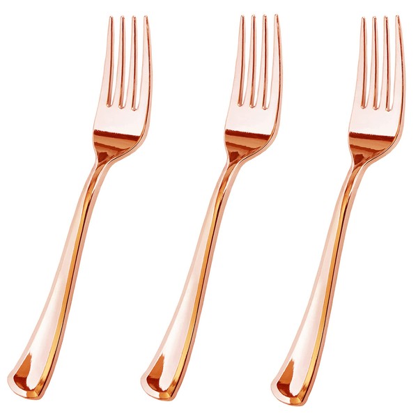 JL Prime 100 Piece Rose Gold Plastic Forks Set, Re-Usable Recyclable Plastic Forks, Rose Gold Plastic Forks, Great for Wedding, Anniversary, Rehearsal, Shower Events