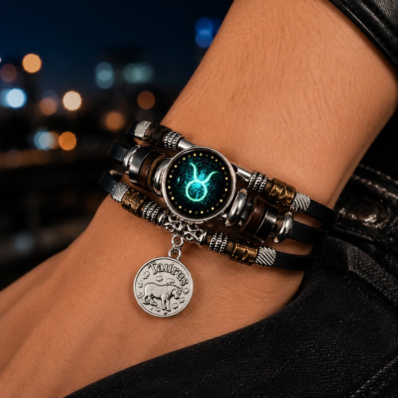 Starry Sky Zodiac Luminous Leather Bracelet for Men & Women