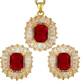 RIZILIA Jewelry Set Pendant with 18" Chain & Stud Earrings Rectangular Cut CZ [Simulated Red Ruby] in Yellow Gold Plated, Simple Modern Elegant