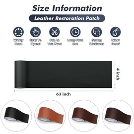 Self Adhesive Leather Repair Patch 4x63 Inch DIY Vinyl Leather Couch Repair Kit for Furniture, Waterproof Leather Repair Tape for Car Seat & Interior, Sofa, Chair, Motorcycle Seat(Black,1 Roll)