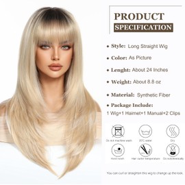 Esmee Long Straight Ombre Blonde hair Bangs Layered wig for Women Breathable Comfortable Natural Realistic Women Party Wigs Use-24 Inches
