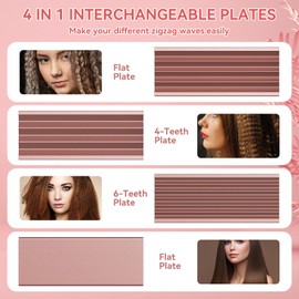 Sixriver Hair Crimper for Women Hair Waver Hair Straightener Curling Iron 4 in1 Flat Crimping Iron Plates Ceramic Waver Hair Tool Volumizing Crimper with 15s Fast Heating (Rose Gold)