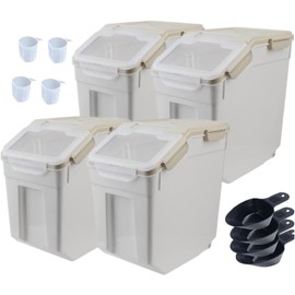 RUIAN 25lb Flour Rice Storage Containers Bin, Large Airtight Storage Container with Wheels Seal Locking Lid, with Measuring Cup&Scoop for Flour, Rice, Grain(Grey, 4PCS)
