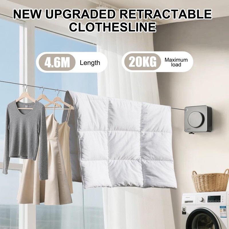 LIVEHITOP Retractable Washing Line, Wall Mounted Extendable Clothes Line Non-Sagging