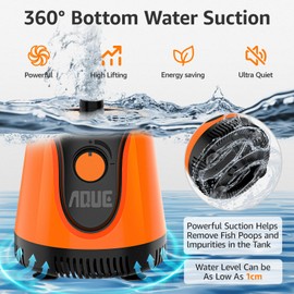 AQUE 360° All-round Water Intake Submersible Pump. It is suitable for fish tanks, ponds, aquariums and hydroponic systems. It comes with a 6-foot power cord and 4 nozzles. (40W)