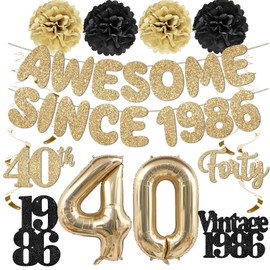 Eucutur 11PCS 40th Birthday Decorations Kit for Women Men, Pre-Strung Glitter Champagne Gold Black Awesome Since 1986 Banner Balloons Swril Paper Pompoms Party Supplies, Forty Bday Banner Hanging Sign