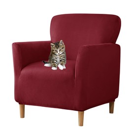SONNACH Stretch Chair Covers with Arms 1-Piece Banquet Armchair Slipcover Velvet Mid Century Modern Armchair Slipcover Anti-Slip Furniture Protector for Living Room Friendly for Kids Pets (Burgandy)