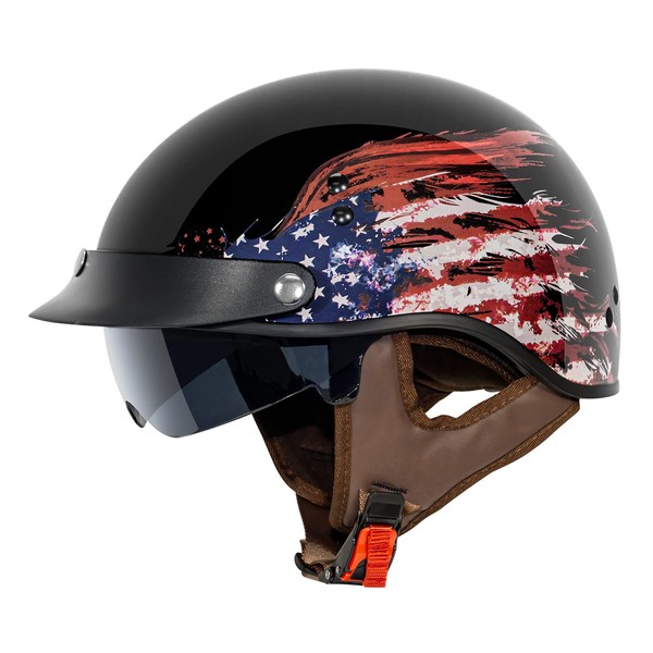 VCAN Cruiser Half Face Motorcycle Helmet with Drop-Down Sun Visor,