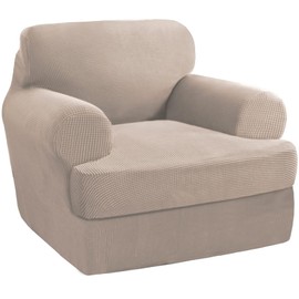 PrinceDeco 2 Pieces Armchair Slipcover Stretch Couch Covers for T Cushion Chair Slipcovers Soft Arm Chiar Cover Furniture Covers with 1 Individual T Shape Seat Covers Width Up to 40", Sand