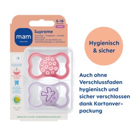 MAM Supreme Dummy Set of 2, Baby Dummy for Healthy Teeth and Jaw Development, Prevents Skin Irritation, with Dummy Box, 6-16 Months, Flowers/Bird