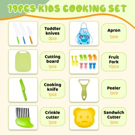 19 Pcs Kids Cooking Sets , Montessori Kitchen Tools for Toddlers, Safe Knife Set for Real Cooking ,Vegetable Crinkle Cutters Serrated Edges Plastic Toddler Knifes , Toddler Toys Set for Real Cooking