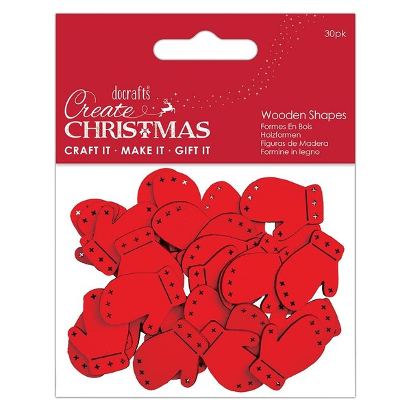 Create Christmas Wooden Shapes, Mini Mittens, Red, Pack of 30,