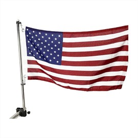 MARINE CITY 304 Grade Stainless Steel Rail Mounted Flag Staff and Black Plastic Flag Pole Base with 12 Inches x 18 Inches US Flag for Marines – Boats – Yachts (1 SET)