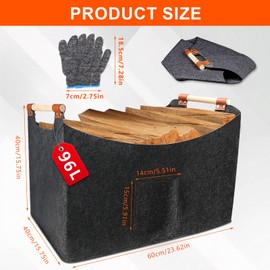 WJMY Firewood Basket Felt XXL (96L, 60 x 40 x 40 cm), Large Wood Basket for Firewood, Extra Thick Felt, Foldable Firewood Basket, with Wooden Handle and Gloves, for Firewood, Shopping (60 x 40 x 40 cm