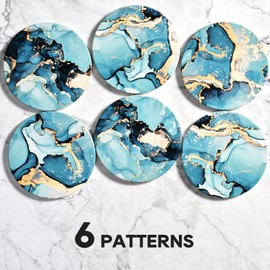 CoColemon Light Blue Thirstystone Coasters Set of 6, Marble Abstract Coaster with Holder, Home Coffee Table Décor for Women, Cute Absorbent Coasters for Drinks
