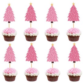 Cyodoos 24PCS Christmas Tree Cupcake Toppers Picks Xmas Holiday Cupcake Picks Merry Christmas Theme Holiday Boy Girl Birthday Baby Shower Party Supplies Pink