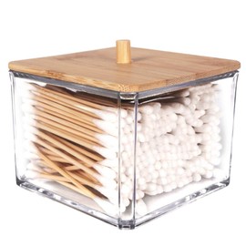 Vilde Storage Container for Cotton Buds Cotton Buds Holder Cotton Buds Dispenser with Bamboo Wood Lid for Bathroom 9.5 x 9.5 x 8.5 cm