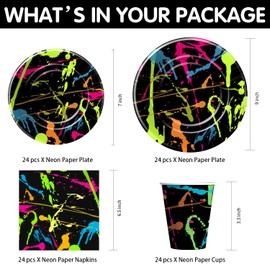 HIPVVILD Neon Party Supplies Tableware - Glow Party Decorations Include Plate, Cup, Napkin, Tablecloth, Cutlery, Straw - Graffiti Theme Birthday Baby Shower Decorations | Serve 24