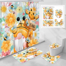 Litabel 4 Pcs Sping Gnomes Shower Curtain Set with Non-Slip Rugs, Toilet Lid Cover and Bath Mat, Boho Floral Bathroom Decor Set with Shower Curtain and Rugs(Hooks Not Included)