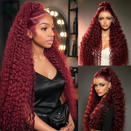 Burgundy Curly Lace Front Wigs for Women 13 * 4 Inch Red Loose Curly Synthetic Lace Front Wig with Baby Hair Long Water Wave Preplucked Glueless Lace Front Wigs